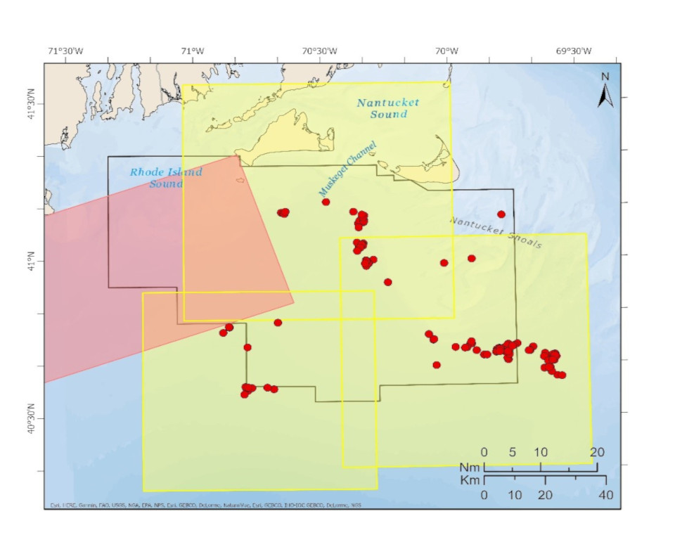 Several Dynamic Management Areas (yellow) triggered by right whale sightings between January – April. Seasonal Management Area shown in red.