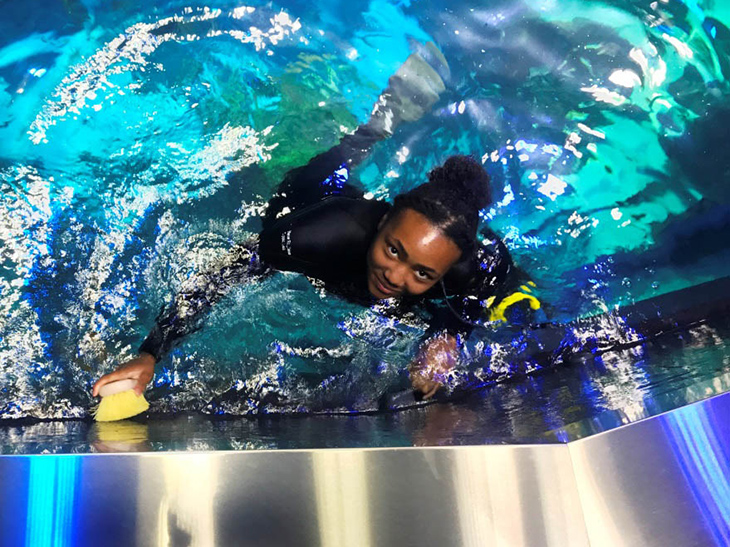 A past teen intern helps out in the Giant Ocean Tank