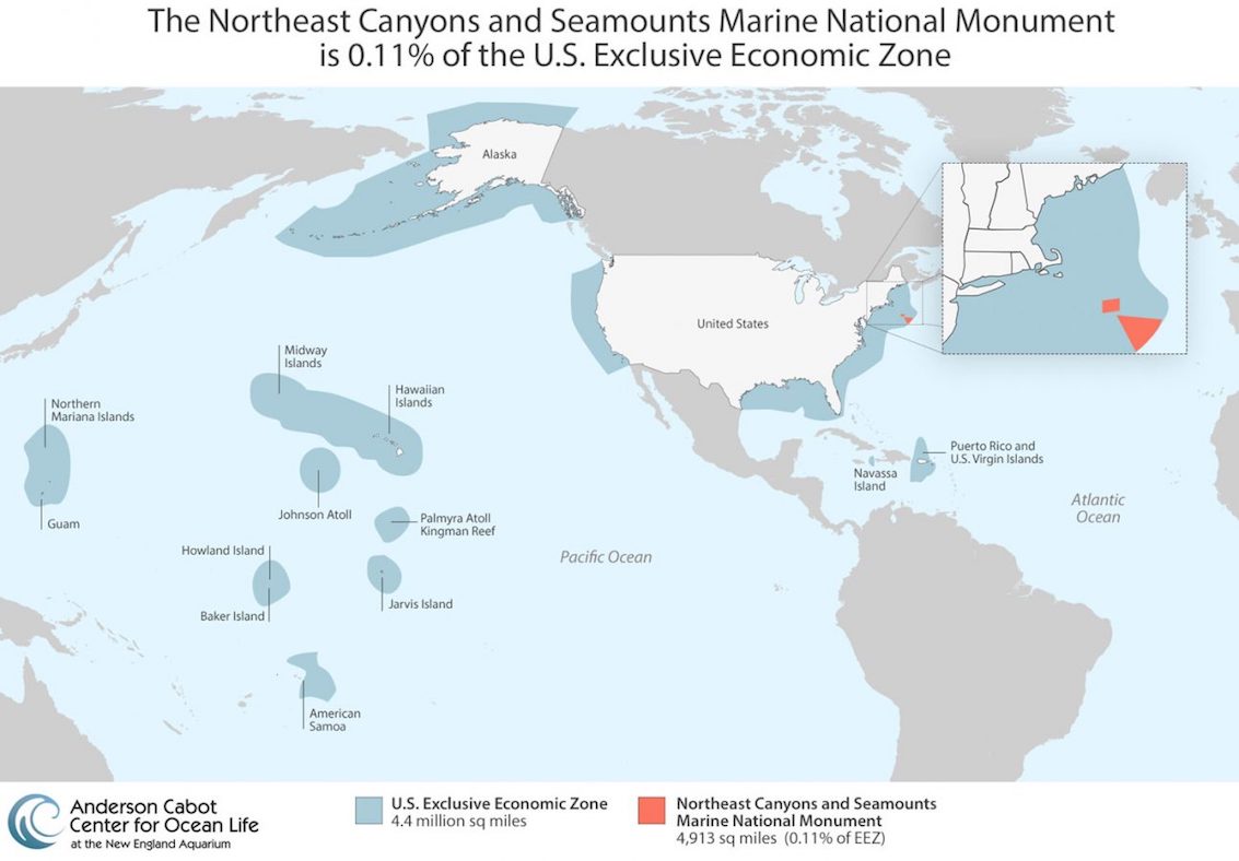Map of North and South America designating location of Northeast Canyons and Seamounts Marine National Monument