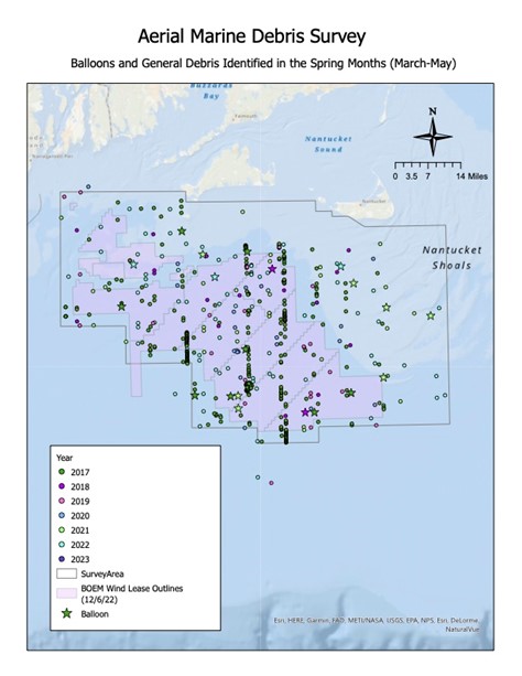 A map showing sightings of marine debris during aerial surveys