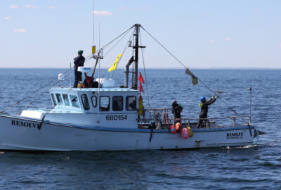 Catching the drone from back deck of F/V Resolve