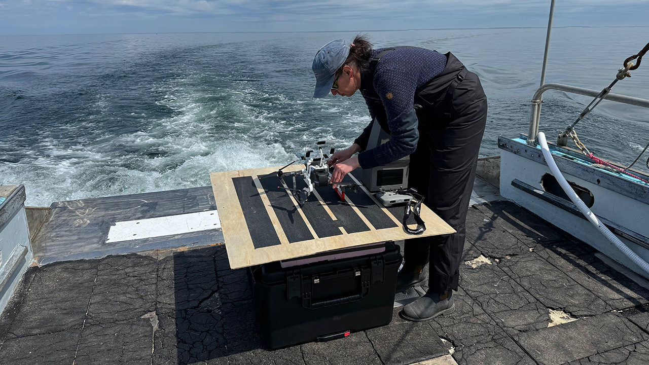 Monica Zani prepping blow sampling drone for takeoff