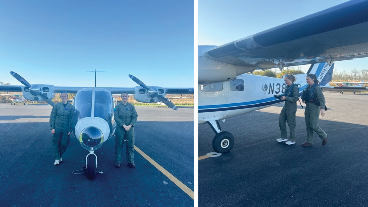 Aerial observers Kate Laemmle (left) and Patrice Hostetter (right) before an aerial survey of the Northeast Canyons and Seamounts Marine National Monument.