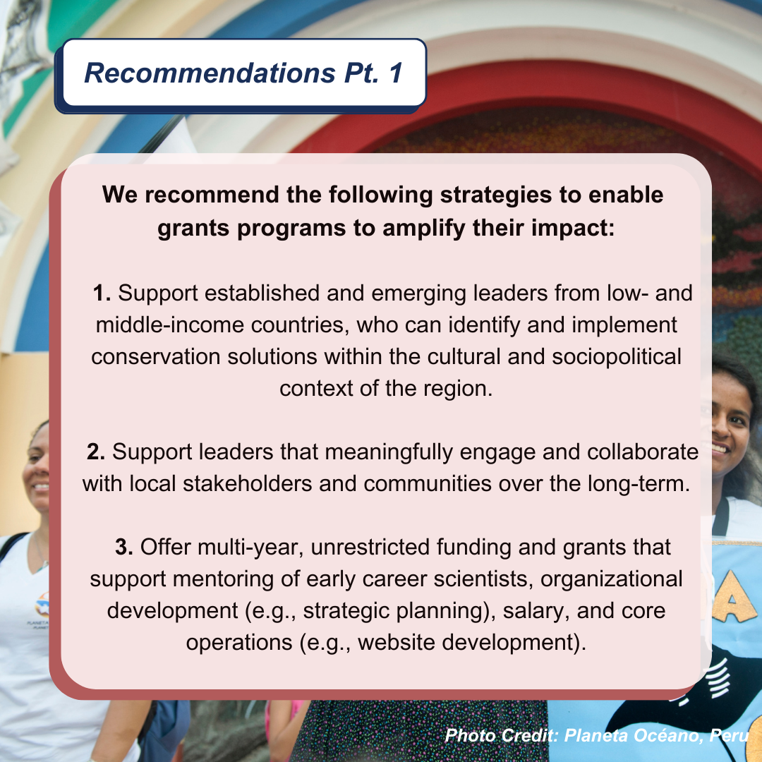 Recommendations for enhancing grant programs with colorful mural backdrop. Transcribed Text: Recommendations Pt. 1 We recommend the following strategies to enable grants programs to amplify their impact: Support established and emerging leaders from low- and middle-income countries, who can identify and implement conservation solutions within the cultural and sociopolitical context of the region. Support leaders that meaningfully engage and collaborate with local stakeholders and communities over the long-term. Offer multi-year, unrestricted funding and grants that support mentoring of early career scientists, organizational development (e.g., strategic planning), salary, and core operations (e.g., website development). Photo Credit: Planeta Océano, Peru.