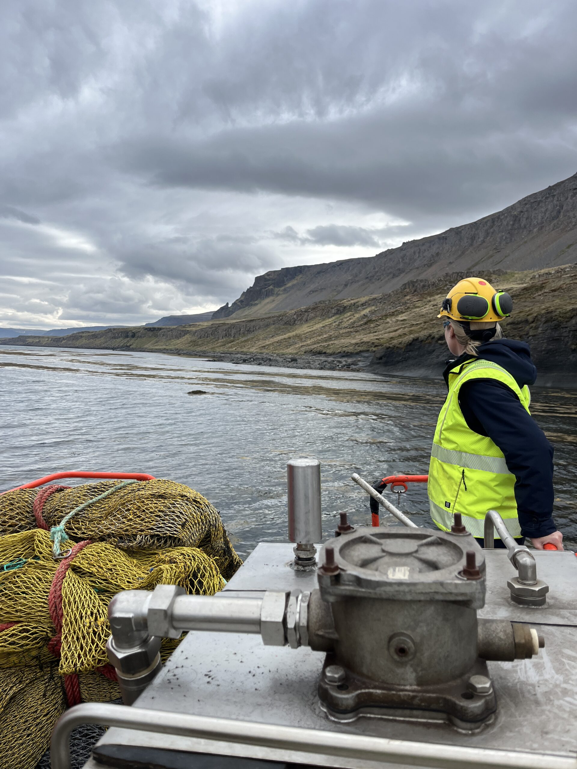 A view from the seaweed harvester of the captain and bags of harvested seaweed