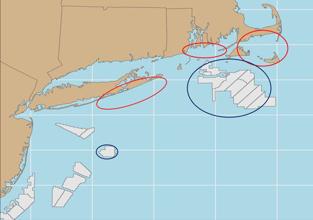 A map depicting the offshore wind energy areas where tagged fish were detected.