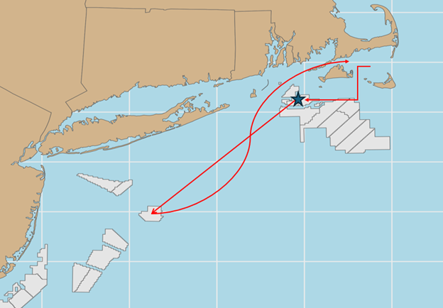 A map depicting the path of travel of a tagged black sea bass.