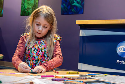 A young visitor participates in an activity